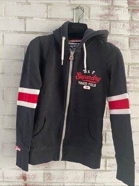 Superdry Black Hoodie with Red & White Stripe Detail